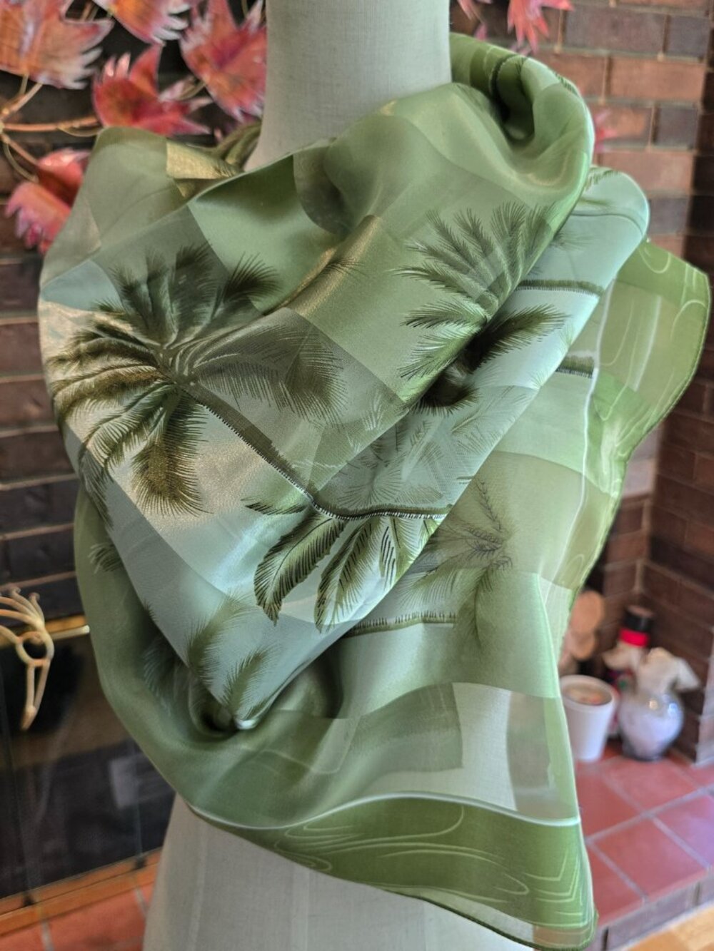 Vintage 100% Silk Scarf in Shades of Green, Palm Tree Motif - Picture 3 of 10